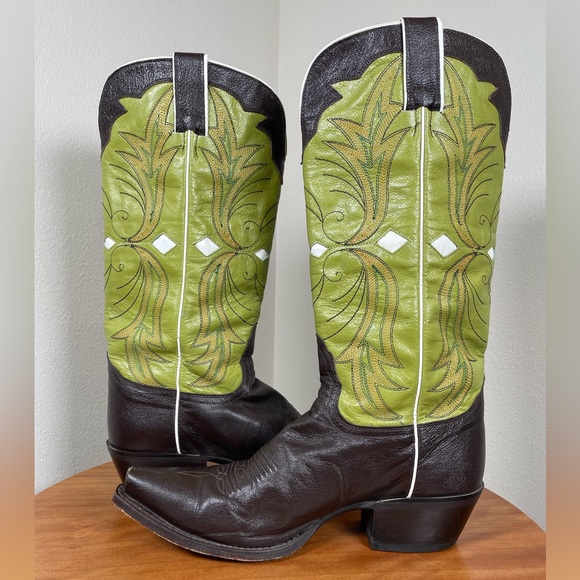 Nocona Cowboy Western Boots Brown Green Mocha Chartreuse Leather Flame 8 1/2B - Picture 2 of 16